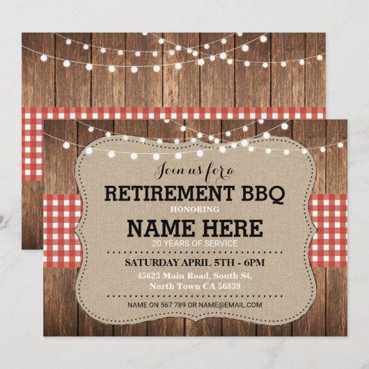 Uitnodiging tot pensionering BBQ Rode uitnodiging (Voorkant / Achterkant)