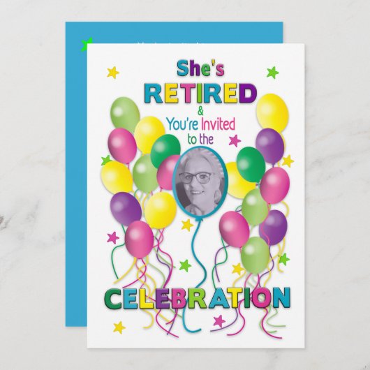 Uitnodiging tot pensionering Haar met ballonnen en (Voorkant / Achterkant)