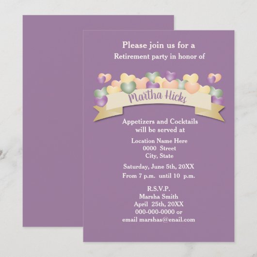 Uitnodiging tot pensionering/Paarse harten (Voorkant / Achterkant)