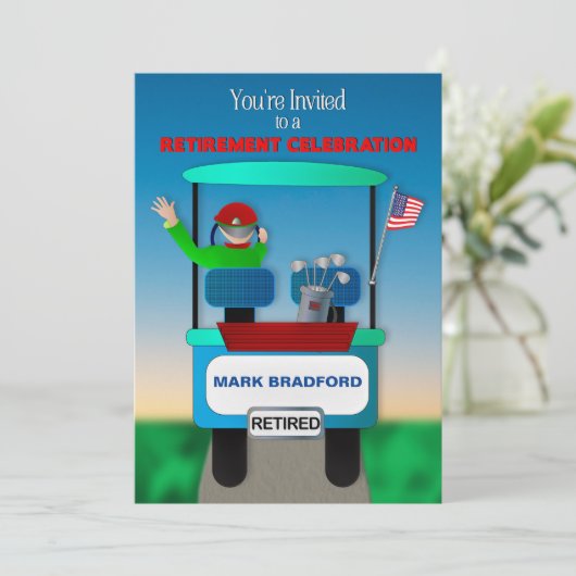 Uitnodiging tot pensionering voor Golfer Golf Cart (Staand voorkant)