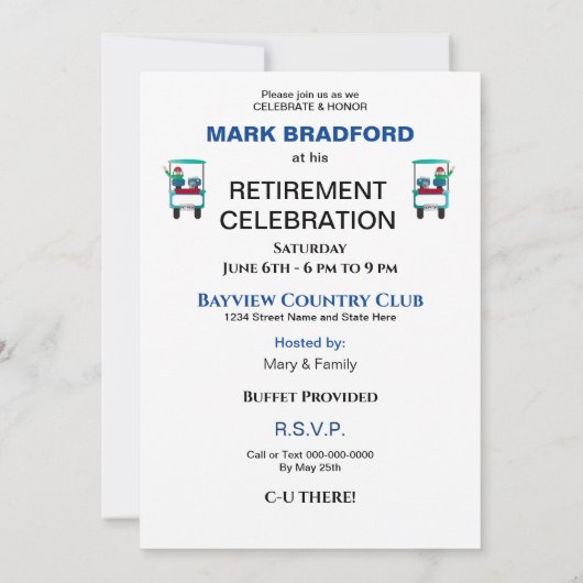 Uitnodiging tot pensionering voor Golfer Golf Cart (Achterkant)