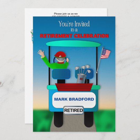 Uitnodiging tot pensionering voor Golfer Golf Cart (Voorkant / Achterkant)