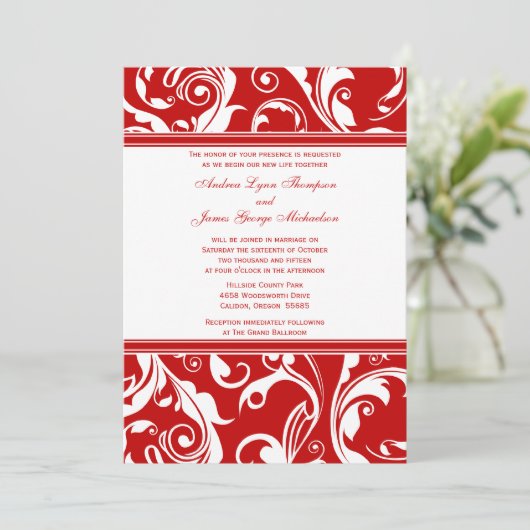 Uitnodiging tot rode en witte bruiloft (Staand voorkant)