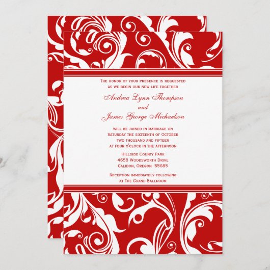 Uitnodiging tot rode en witte bruiloft (Voorkant / Achterkant)