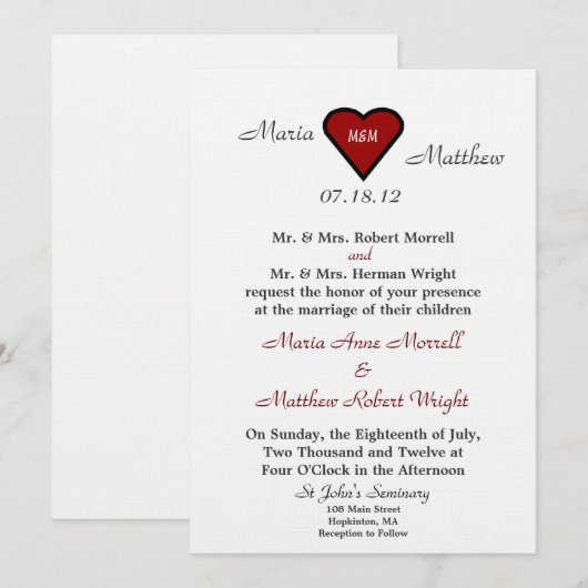 Uitnodiging tot Rode Heart Wedding (Voorkant / Achterkant)