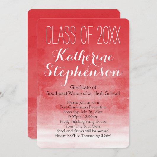 Uitnodiging tot Rode Waterverf Graduation Party (Voorkant / Achterkant)