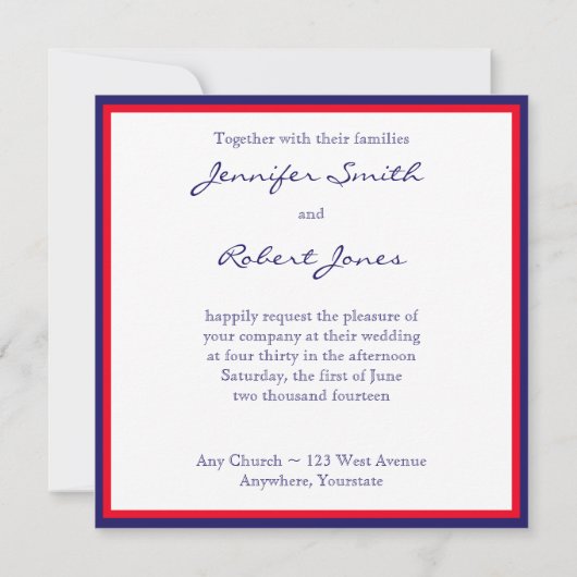 Uitnodiging tot rode witte en blauwe bruiloft (Achterkant)