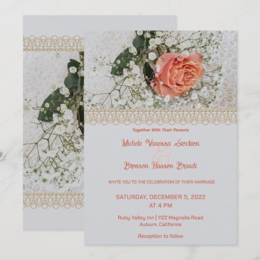 Uitnodiging tot roos en Lace Wedding (Voorkant / Achterkant)