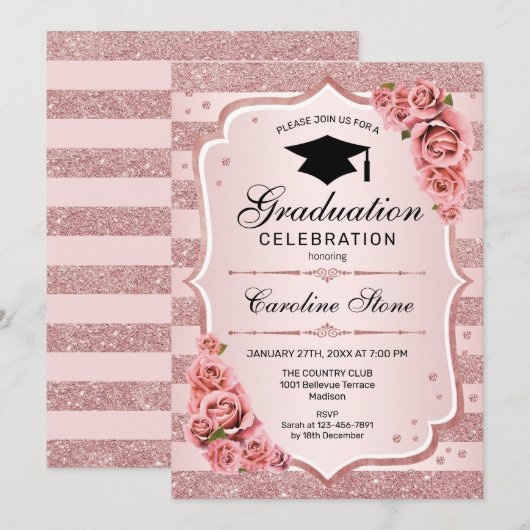 Uitnodiging tot roos Gold Graduation Party (Voorkant / Achterkant)