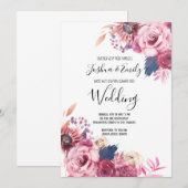 Uitnodiging tot roze blauwe Floral bruiloft (Voorkant / Achterkant)