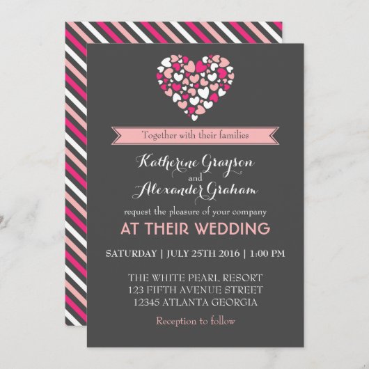 Uitnodiging tot roze en grijze liefde en harthuwel (Voorkant / Achterkant)