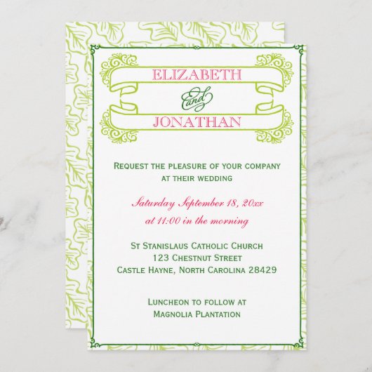 Uitnodiging tot roze en groene bannenweddenschappe (Voorkant / Achterkant)