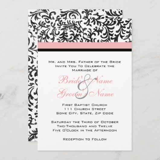 Uitnodiging tot roze en zwarte bruiloft (Voorkant / Achterkant)
