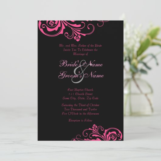 Uitnodiging tot roze en zwarte bruiloft (Staand voorkant)