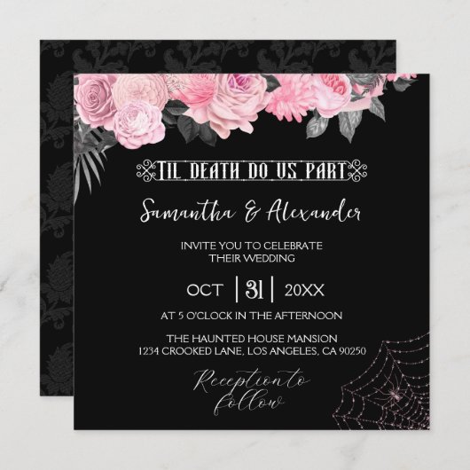 Uitnodiging tot roze en zwarte gothische bruiloft (Voorkant / Achterkant)