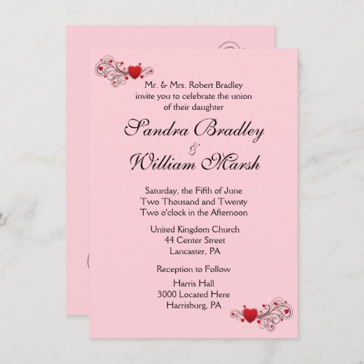 Uitnodiging tot roze harten (Voorkant / Achterkant)