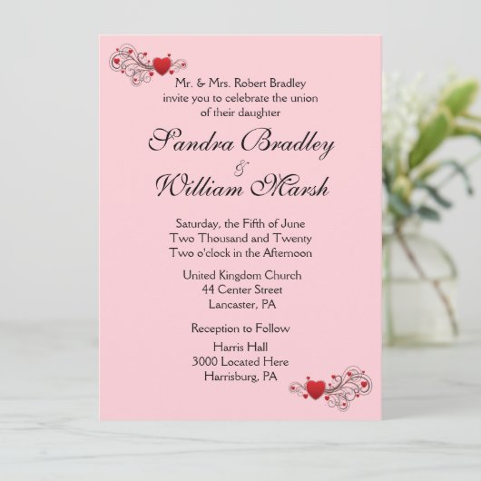 Uitnodiging tot roze harten (Staand voorkant)