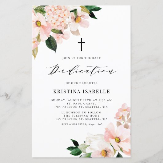 Uitnodiging tot roze Magnolia en Hydrangea Baby De (Voorkant)