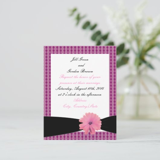 Uitnodiging tot roze zwarte ribbon bruiloft (Staand voorkant)