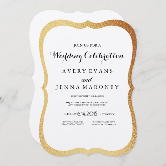 Uitnodiging tot Rustic Gold Foil Border Weddensch (Voorkant / Achterkant)