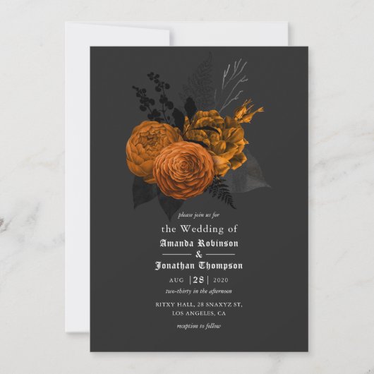 Uitnodiging tot Sinaasappel en Zwarte Gothic Weddi (Voorkant)