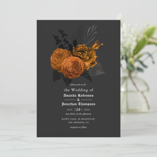 Uitnodiging tot Sinaasappel en Zwarte Gothic Weddi (Staand voorkant)