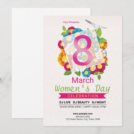 Uitnodiging tot Sjabloon voor Vrouwendag (Voorkant / Achterkant)