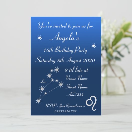 Uitnodiging tot speciale Zodiac Leo Galaxy Party (Staand voorkant)