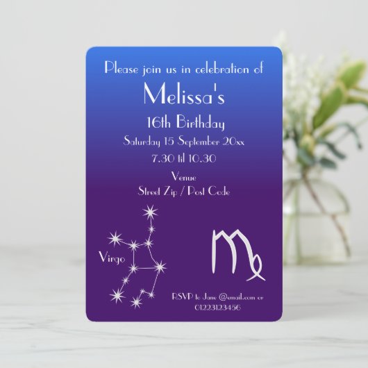 Uitnodiging tot speciale Zodiac Virgo Galaxy Party (Staand voorkant)