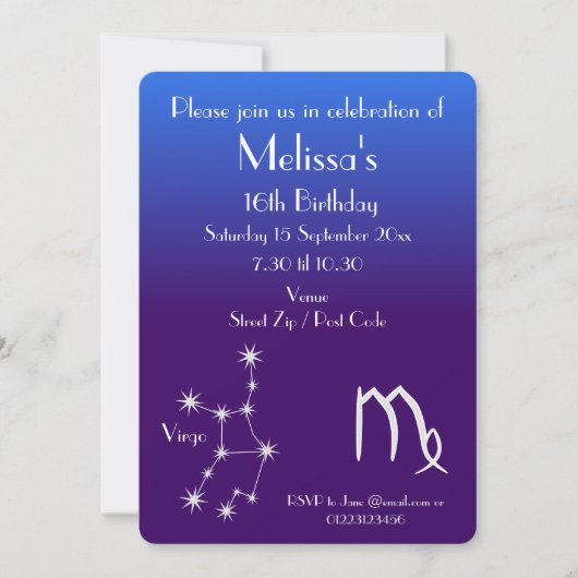 Uitnodiging tot speciale Zodiac Virgo Galaxy Party (Voorkant)