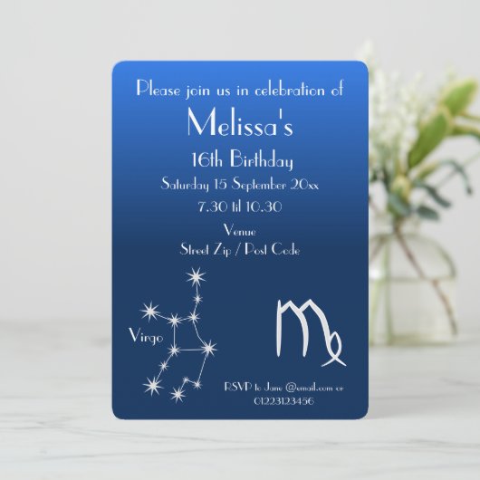 Uitnodiging tot speciale Zodiac Virgo Galaxy Party (Staand voorkant)