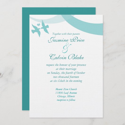 Uitnodiging tot Tortelduifjes bruiloft, Blauwgroen (Voorkant / Achterkant)