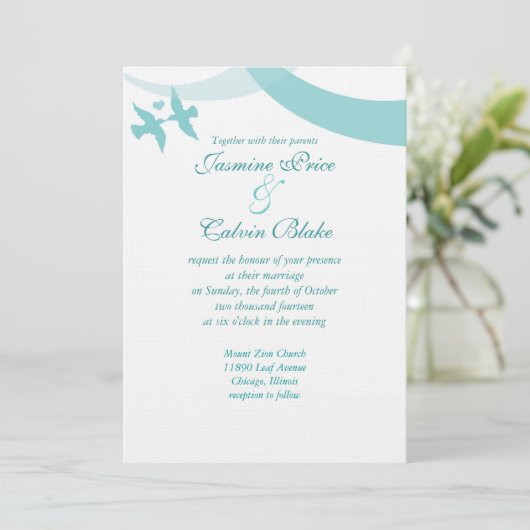 Uitnodiging tot Tortelduifjes bruiloft, Blauwgroen (Staand voorkant)