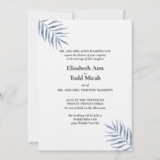 Uitnodiging tot Tropical Blue Waterverf Wedding (Voorkant)