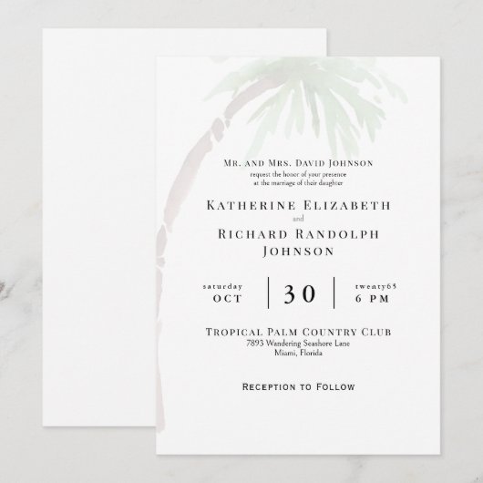 Uitnodiging tot Tropical Palm Wedding (Voorkant / Achterkant)