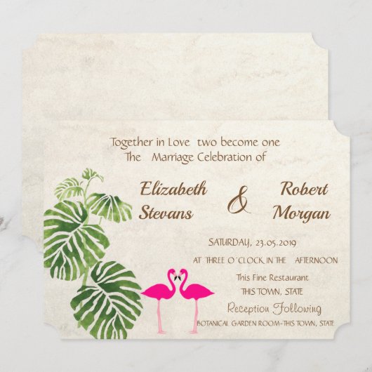 Uitnodiging tot Tropische Flamingos Wedding (Voorkant / Achterkant)