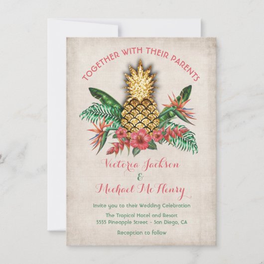 Uitnodiging tot Tropische Golden Pineapple Wedding (Voorkant)