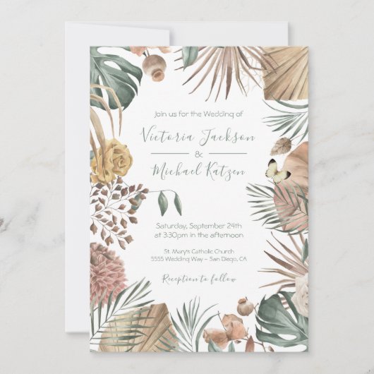 Uitnodiging tot Tropische Oasis Modern Palm leaf W (Voorkant)