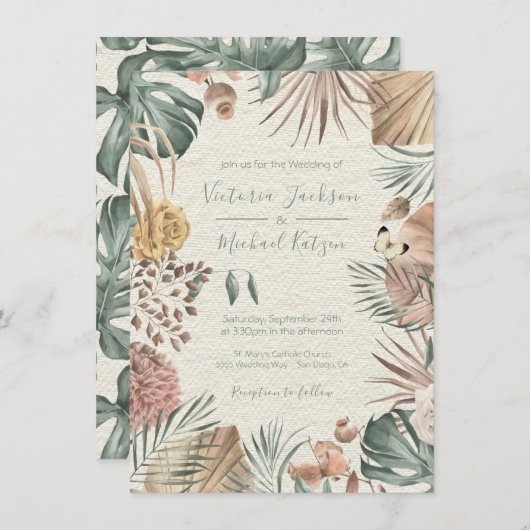 Uitnodiging tot Tropische Oasis Modern Palm leaf W (Voorkant / Achterkant)