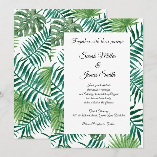 Uitnodiging tot Tropische Palm Leaves Wedding (Voorkant / Achterkant)