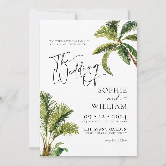 Uitnodiging tot tropische palmbomen voor weddensch (Voorkant)