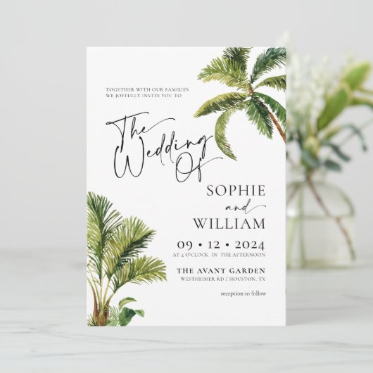 Uitnodiging tot tropische palmbomen voor weddensch (Staand voorkant)