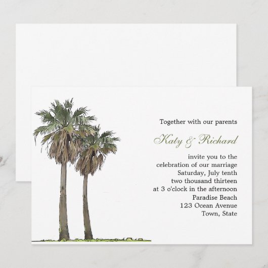 Uitnodiging tot tropische palmbomen voor weddensch (Voorkant / Achterkant)