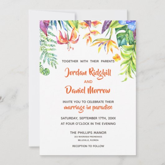 Uitnodiging tot Tropische Waterverf bestemming bru (Voorkant)