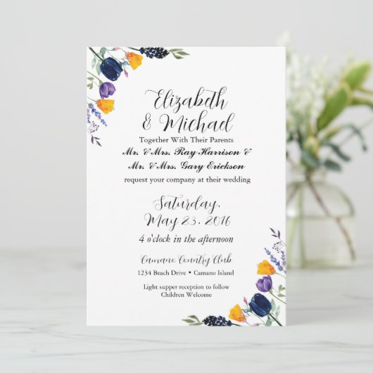 Uitnodiging tot tulpen en wilde bloemen (Staand voorkant)