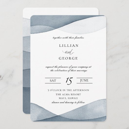 Uitnodiging tot uitzending blauwe Waterverf bruilo (Voorkant / Achterkant)