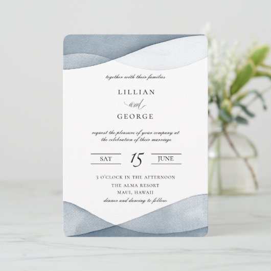 Uitnodiging tot uitzending blauwe Waterverf bruilo (Staand voorkant)