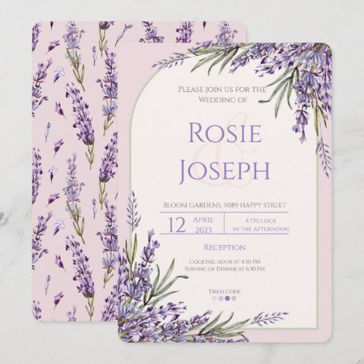 Uitnodiging tot uitzending van lavender Wedding (Voorkant / Achterkant)