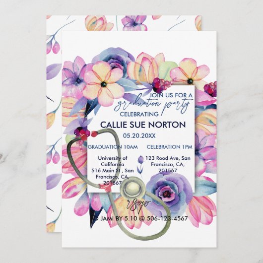 Uitnodiging tot urse Graduation Party Spring Flora (Voorkant / Achterkant)