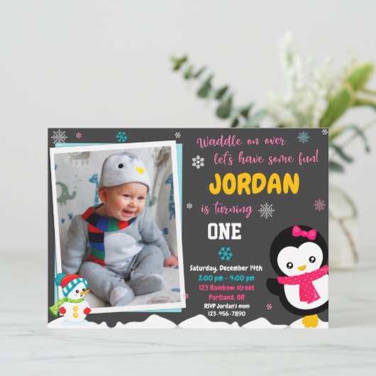Uitnodiging tot verjaardag van Penguin (Staand voorkant)